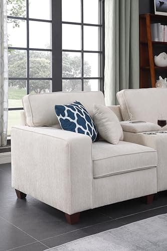 YOPTO 127" L-Shaped Sectional Couch with Movable Ottoman & 6 Throw Pillows,7 Seat Chenille Upholstered Sofa W/2 Cup Holder,USB Port & Hidden Storage Box,DIY Combination,for Living Room,Apartment,Beige - Image 6