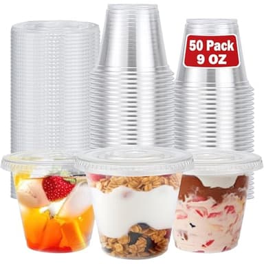 Clawsoff 50 Pack 9 oz Disposable Clear Plastic Parfait Cups with Flat Lids, Yogurt Parfait, Putting Cups for Cake, Cold Drink, Ice Cream, Fruit, Salad - Image 1