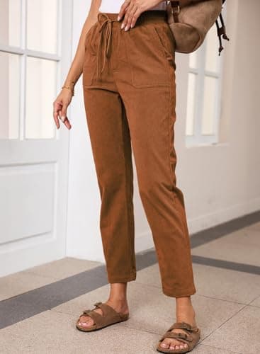 EVALESS Corduroy Pants for Women Casual Drawstring Elastic High Waist Straight Leg Harem Pants Fall Winter 2025 Loose Comfy Trousers with Pockets Orange Medium - Image 3