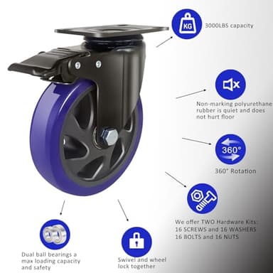 6 Inch Caster Wheels 3000lbs,Heavy Duty Casters Set of 4 with Brake, No Noise Polyurethane Swivel Caster Wheels for Cart,Furniture,Workbench(Free Screws & Spanners) - Image 3