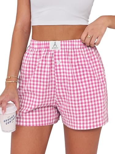 ANRABESS Boxer Shorts for Women Gingham Pajama 2025 Summer Casual Lounge Sleep Plaid Shorts Y2K Beach Bottoms Hot Pink White Plaid X-Large - Image 1
