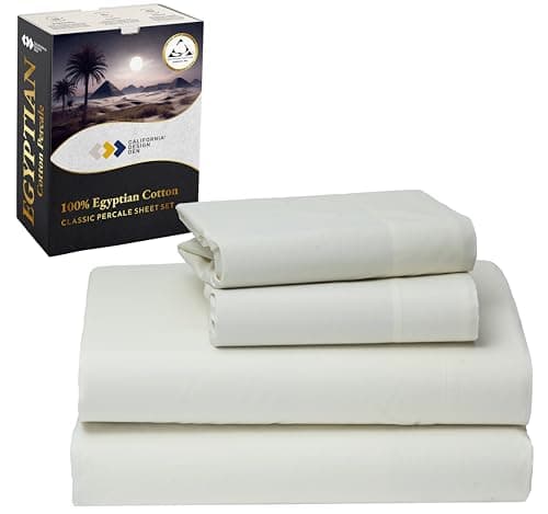 California Design Den Certified 100% Egyptian Cotton Queen Sheets Set - Crisp Percale Sheets Queen Deep Pocket Set, Cool, Crisp & Durable Luxury Bedding - Ivory - Image 1