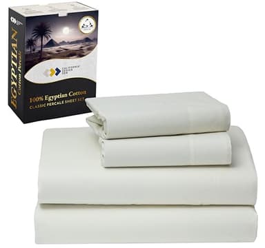 California Design Den Certified 100% Egyptian Cotton Queen Sheets Set - Crisp Percale Sheets Queen Deep Pocket Set, Cool, Crisp & Durable Luxury Bedding - Ivory - Image 1