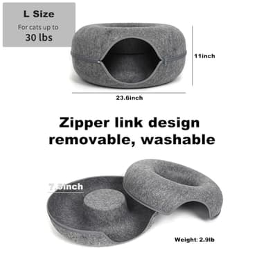 Large Cat Tunnel Bed for Indoor Cats with 3 Toys, Scratch Resistant Donut Cat Bed, Up to 30 Lbs (L 24x24x11, Dark Grey) - Image 2