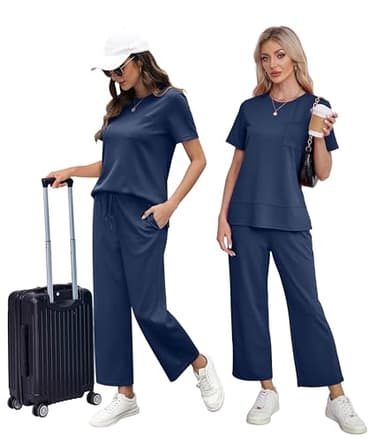 OFEEFAN Two Piece Outfits for Women Casual Summer Travel Lounge Sets Spring Tracksuit Airport Loungewear Vacation Clothes Wide Leg Crop Pants Matching Clothing Set Women's Sweat Track Suit Navy M - Image 5