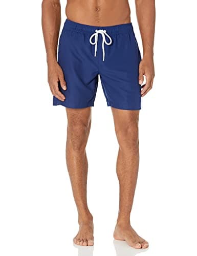 Amazon Essentials Men's 7" Swim Trunks with Mesh Lining, Pockets, Drawstring Closure, Navy, Large - Image 1
