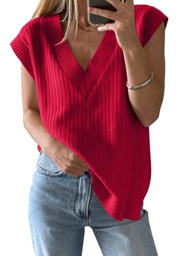 Saodimallsu Womens V Neck Sweater Vest Oversized Ribbed Knit Sleeveless Casual Loose Fit Pullover Tank Top Red - Image 1