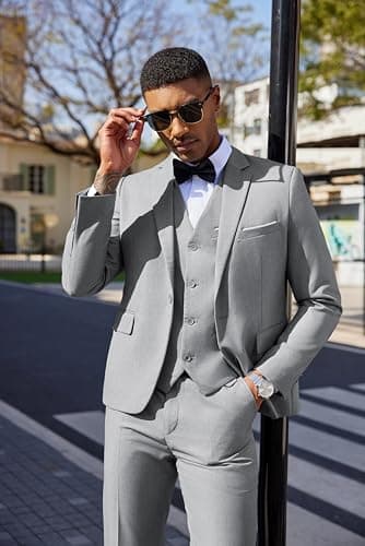 COOFANDY Men's 3 Piece Slim Fit Suit Set Classic One Button Blazer Suit Vest Dress Pants Formal Suits Light Heather Grey - Image 2