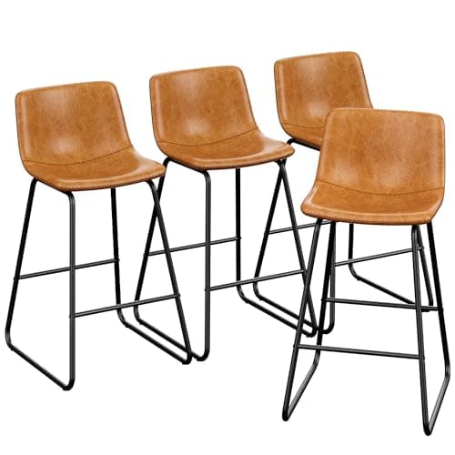 REONEY Bar Stools Set of 4, PU Leather Counter Height Bar Stools, 26" Modern Barstools with Metal Legs and Footrest, Urban Armless Dining Chairs with Backrest for Kitchen Island (Brown) - Image 1