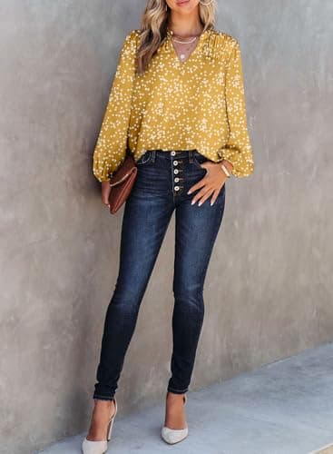 Dokotoo Womens Juniors Summer Tops 2025 Fashion Trendy Casual Dressy Fall Outfits Smocked Long Sleeve T Shirts Alicia Flower Print V Neck Business Work Tunic Bohemian Floral Top Medium Yellow - Image 4