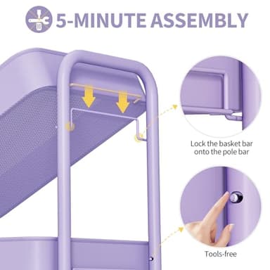 TOOLF 3 Tier Rolling Cart Storage Organizer, Metal Rolling Utility Cart with Wheels, Hooks & Bins Esthetician Craft Art Sturdy Storage with Pegboard for Bathroom, Kitchen, Office, Nursery Diaper - Image 4