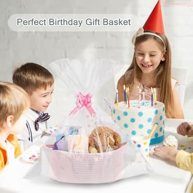 COMSE Small Woven Basket with Gift Bags and Ribbons, Gift Basket Empty, Cotton Rope Storage Organizer, Baby Toy Box with Handles, 12" x 8" x 5", Light pink - Image 4