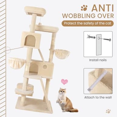 SHA CERLIN 65in Larger Cat Tree Tower Condo for Indoor Kitties/Multi-Level Furniture Activity Center with Wide Base/Cozy Plush Cat Perches/Baskets/Sisal Scratching Posts and Hammock/Beige - Image 7