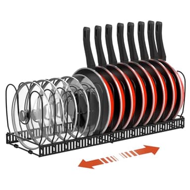 Housolution Pot and Pan Organizer Rack for Cabinet, Expandable Pot Lid Organizer Holder with 14 Adjustable Dividers, Fully Expanded Size 22.83" W x 7.09" D x 7.09" H, Black - Image 1