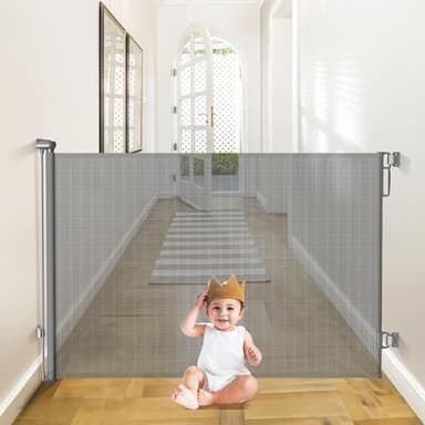 Babepai Retractable Baby Gates Extra Wide | 55" Wide x 38" Tall Dog Gates for Stairs | Indoor/Outdoor Use | Child Gates for Doorways, Deck, Porch, Hallways, Patio - Gray - Image 1
