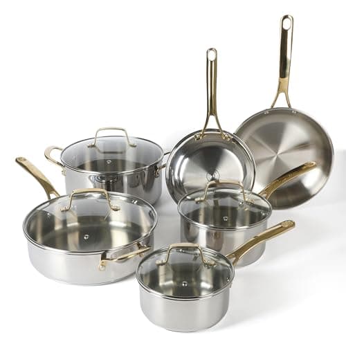 Martha Stewart Castelle 10 Piece 18/8 Durable Stainless Steel Induction Safe Pots and Pans Non-Toxic Kitchen Cookware Set - Gold Handles - Dishwasher Safe - Image 1