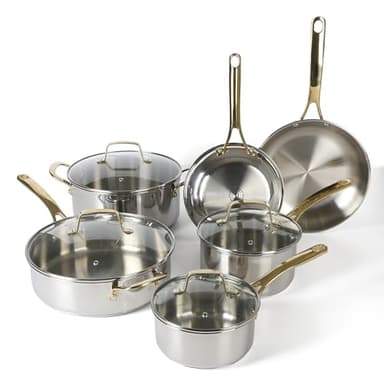 Martha Stewart Castelle 10 Piece 18/8 Durable Stainless Steel Induction Safe Pots and Pans Non-Toxic Kitchen Cookware Set - Gold Handles - Dishwasher Safe - Image 1