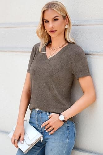 Arach&Cloz Sweater for Women 2025 Summer Fall Fashion Clothes V Neck Short Sleeve Summer Cute Tops Dressy Business Casual Trendy Teacher Outfits Cashmere Ladies Blouse Winter Shirts Coffee - Image 5