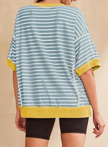 SHEWIN Womens Summer Tops Casual Crewneck Short Sleeve Shirts Oversized Sweatshirt Lightweight Knit Tunic Top Loose T Shirts for Women 2025 Spring Clothes Dusk Blue Stripe M - Image 4