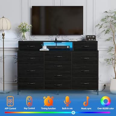 Furnulem 55" W Dresser for Bedroom with LED Lights and Power Outlets,Black Large 12 Storage Drawers Long Fabric Chests Dressers with 2 Shelves for Closet,Living Room,Entryway,Wooden Top,Metal Frame - Image 4