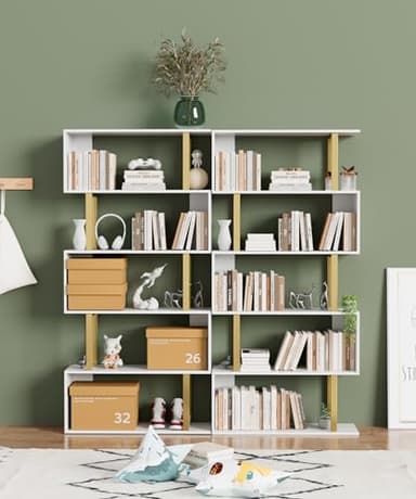 Gadroad 5 Tier Geometric Bookcase,S Shaped Bookshelf, Wood Decorative Storage Shelving, Modern Freestanding Display Shelves, Tall Book Shelf Unit for Living Room Bedroom, Gold - Image 2