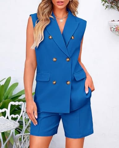 BTFBM Womens Blazer Vest Shorts Sets Lapel Neck Casual Sleeveless Button Down Office Summer 2 Piece Lounge Matching Sets(Solid Royal Blue, X-Large) - Image 5