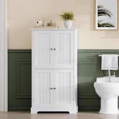ChooChoo Bathroom Floor Cabinet, Modern Bathroom Storage Cabinet with 4 Doors and Adjustable Shelves, Freestanding Cupboard for Living Room, White - Image 6