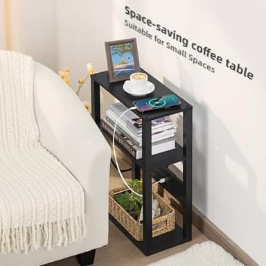 YUFAM 3-Tier Small Narrow Wood Side Table with Charging Station, Skinny Nightstand for Small Space, Slim Bedside Table with Storage for Couch, Thin End Table with USB Ports and Outlets, Black - Image 4