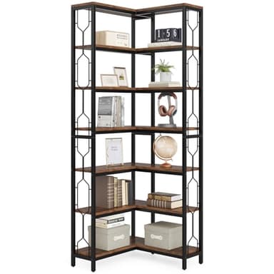 Tribesigns Corner Shelf, 7-Tier Industrial Corner Bookshelf, Wood and Metal Etagere Bookcase, Freestanding Display Shelf for Living Room, Kitchen, Home Office, Rustic Brown - Image 5