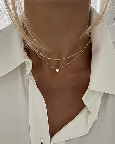 Tewiky Dainty Layered 14K Gold Plated Cubic Zirconia Necklace for Women, Simple Solitaire Pendant Chain Choker Necklaces Set Cute CZ Trendys Gold Jewelry Gift - Image 9