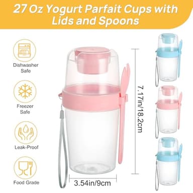 Vtopmart 4 Pack 27oz Yogurt Parfait Cups with Lids and Spoons, Overnight Oats Containers, Reusable Topping Compartment for Breakfast with Yogurt, Cereal or Oatmeal On-the-Go - Image 2