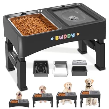 Decflow 3-in-1 Elevated Dog Bowls, 4 Height Adjustable Raised with Stainless Steel, Slow Feeder, No Spill Water Bowl, DIY Stickers Foldable Pet Bowl for Medium Large Dogs - Image 1