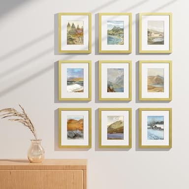 Vittanly 8x10 Picture Frames Set of 9, Shatter Resistant Plexiglass, Display 5x7 Pictures with Mat or 8x10 without Mat, Photo Frames for Wall or Tabletop, Engineered Wood, Gold - Image 6