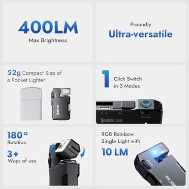 WUBEN G5 Rechargeable EDC Flashlight, 400 Lumens Dual Light Sources Mini Flashlight with RGB Light, Portable Flat Pocket Flashlights, Magnetic Keychain Flashlight for Outdoor Home Emergencies (Black) - Image 2