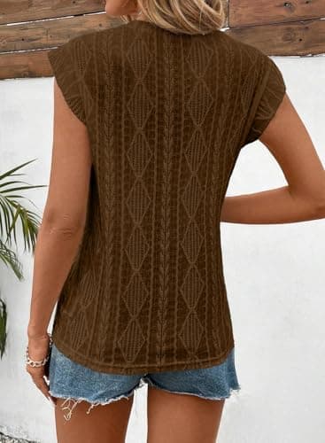 SHEWIN Cute Tops for Women Spring Fashion 2025 Trendy Casual Crewneck Cap Sleeve Tank Tops for Women Summer Tops Coffee Large - Image 3