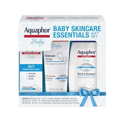 Aquaphor Baby Skin Care Essentials Gift Set with Baby Wash and Shampoo (16.9 Fl Oz) + Healing Ointment for Chapped Skin and Drool Rash (7Oz) + Diaper Rash Cream (3.5Oz), Hypoallergenic - Image 1