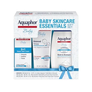 Aquaphor Baby Skin Care Essentials Gift Set with Baby Wash and Shampoo (16.9 Fl Oz) + Healing Ointment for Chapped Skin and Drool Rash (7Oz) + Diaper Rash Cream (3.5Oz), Hypoallergenic - Image 1