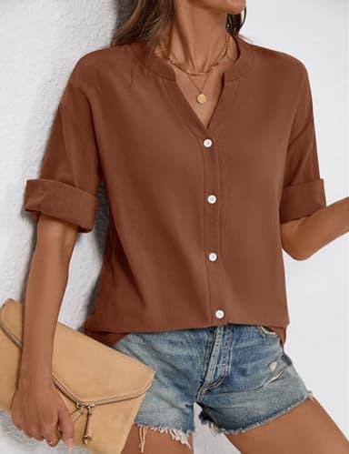 LOMON Womens Button Down Shirts 3/4 Sleeve Cotton Linen Roll Up Short Sleeve Tops V Neck Loose Work Blouse Brown XL - Image 3