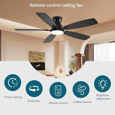JSAITEE Ceiling Fans with Lights, 52 Inch Low Profile Ceiling Fan with Light and Remote Control, Flush Mount, DC Reversible Motor, Noiseless, Black 6 Speeds Ceiling Fan for Bedroom - Image 2