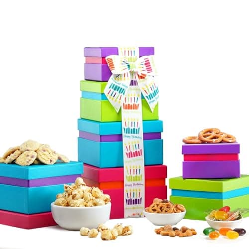 Broadway Basketeers Birthday Gift Basket Tower - Birthday Snack Box with Sweet and Savory Treats for Men, Women, & Kids - Image 1
