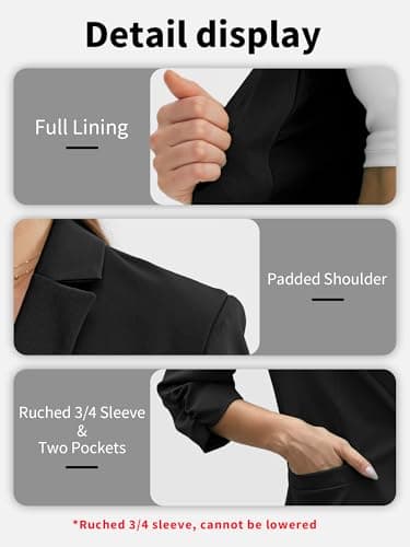 ELLEVEN Womens Blazer Business Casual Suit Jacket Slim Fit Fitted Ruched 3/4 Sleeve Petite Crop Blazer Dressy Full Lining Lightweight Outfits Coat Cardigan with Padded Shoulder Black XX-Large - Image 5