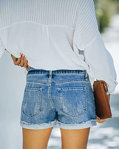 Womens Summer Clothes Plus Size Blue Jean Shorts High Waisted Denim Cut Off Frayed Jeans Short XL - Image 2
