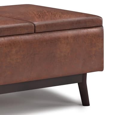 SIMPLIHOME Owen 34 inch Wide Mid Century Modern Rectangle Tray Top Small Coffee Table Storage Ottoman in Distressed Saddle Brown Vegan Faux Leather, Assembled, For the Living Room and Entryway - Image 10