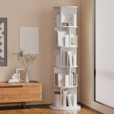 MXV Rotating Bookshelf, 360 Display 5 Tier, Small Corner Bookshelf for Small Space, Floor Standing Bookcase Storage Rack, Wood Narrow Book Shelf Organizer for Bedroom, Living Room, White - Image 6