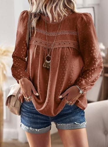 Falechay Tunic Tops to Wear with Leggings Bohemian Women's Tunic Tops Lace Crochet Orange Shirts for Women Crew Neck Long Sleeve Women's Blouses L - Image 5