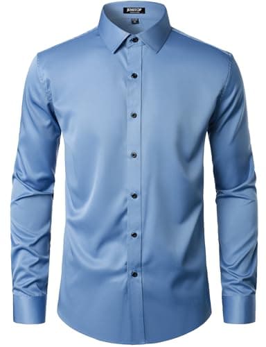 JEMITOP Men's Stretch Wrinkle Free Dress Shirts Formal Wedding Prom Long Sleeve Button Down Shirt Classic Blue XXL - Image 2
