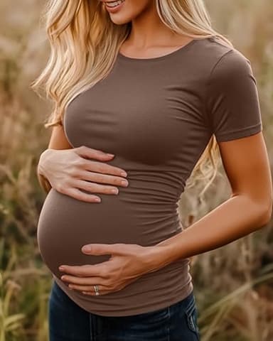 Huukeay 4 Pack Women's Maternity Shirts, Crew Neck Maternity Top Short Sleeve Casual Cotton Tee Side Ruched Pregnancy Clothes(Black, White, Coffee, Army Green,Large) - Image 4