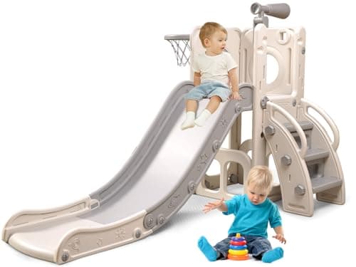 Baotree 6 in 1 Toddler Playset with Slide, Kids Slide with Basketball Hoop, Ball, Ring Toss, Indoor Outdoor Toys (White Grey) - Image 1