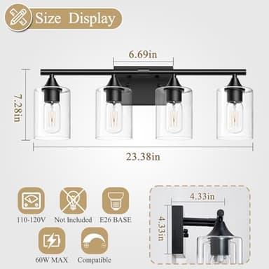XPEHK 4-Light Bathroom Light Fixtures,Black Bathroom Vanity Light,Bathroom Lights Over Mirror with Clear Glass Shade,Modern Sconce Wall Lighting for Mirror Bedroom Vanity Hallway - Image 4