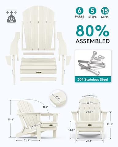 SERWALL Adirondack Chair - Folding Adirondack Chairs HIPS Outdoor Chairs Set of 6 Weather Resistant- White - Image 2